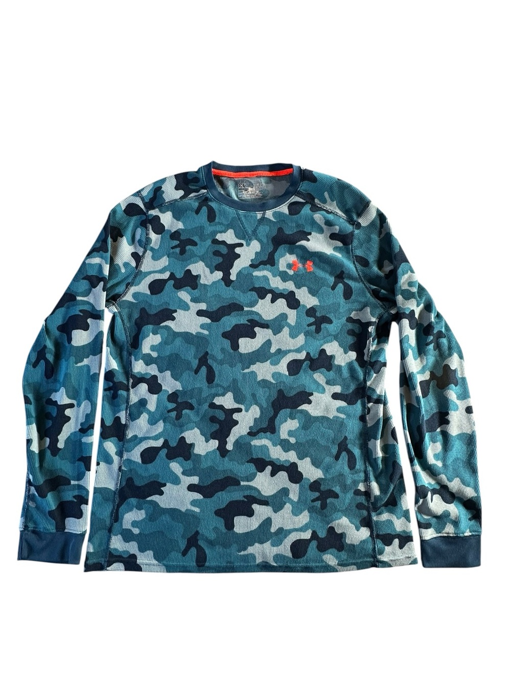 Under Armour Teal & Navy Camo Long Sleeve Performance Top Cold Gear Large